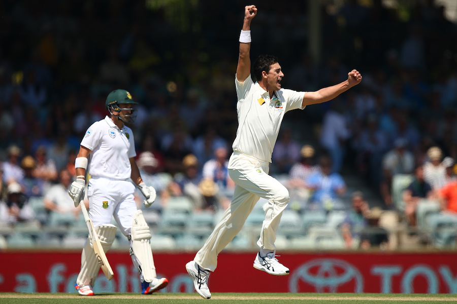 PERTH, AUSTRALIA - NOVEMBER 03: Mitchell Starc of Australia celebrates the wicket of Stephen Cook of South Africa during day one of the First Test match between Australia and South Africa at the WACA on November 3, 2016 in Perth, Australia.  (Photo by Paul Kane/Getty Images)