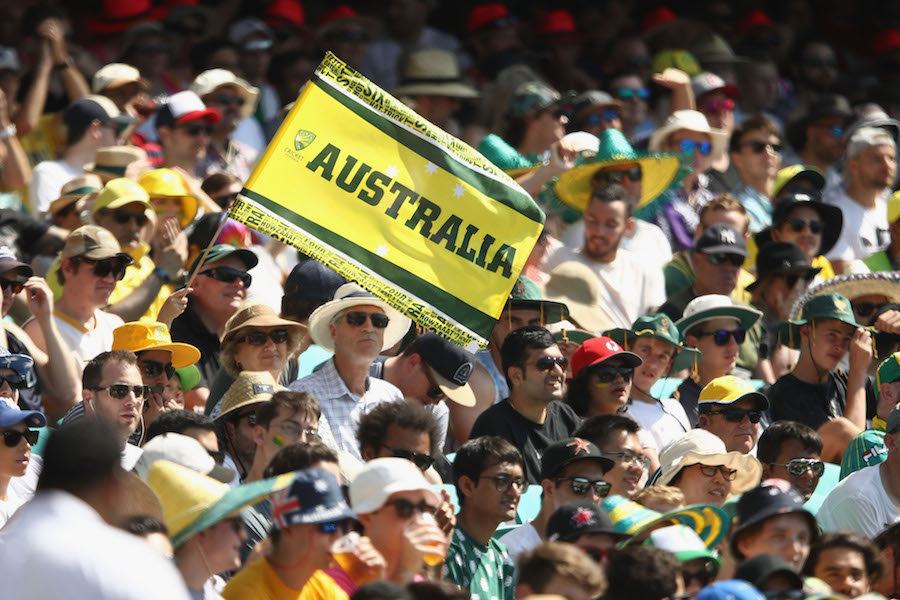 SYDNEY, AUSTRALIA - DECEMBER 04:  An Australian supporter in the crowd waves a flag during game one of the One Day International series between Australia and New Zealand at Sydney Cricket Ground on December 4, 2016 in Sydney, Australia.  (Photo by Mark Kolbe/Getty Images)