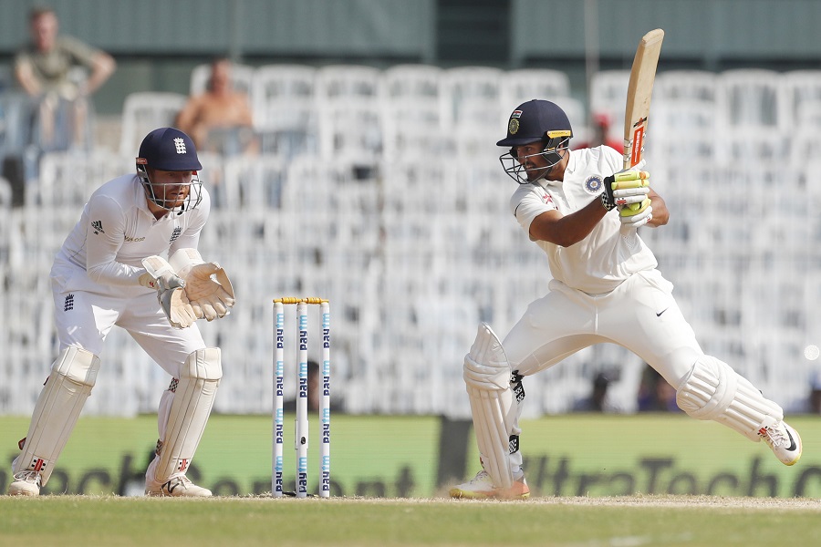 India's Karun Nair plays a shot during their fourth day of the fifth cricket test match against England in Chennai, India, Monday, Dec. 19, 2016. (AP Photo/Tsering Topgyal)