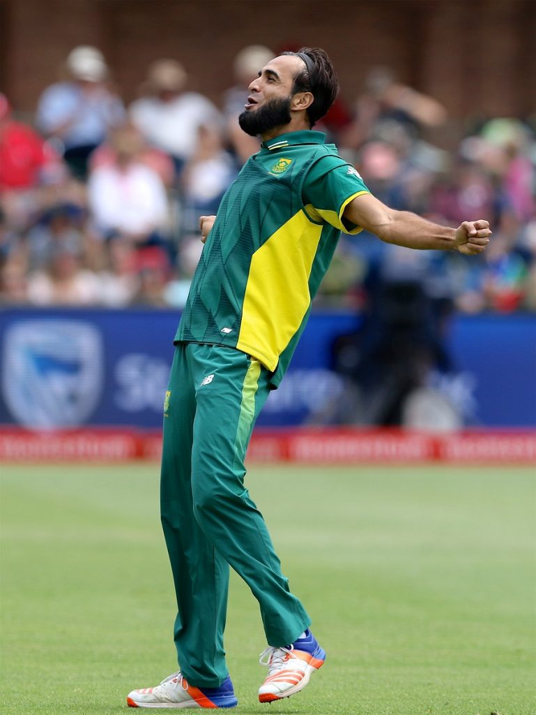 PORT ELIZABETH, SOUTH AFRICA - JANUARY 28: Imran Tahir of South Africa after bowling Dinesh Chandimal of Sri Lanka during the 1st One Day International match between South Africa and Sri Lanka at St Georges Park on January 28, 2017 in Port Elizabeth, South Africa. (Photo by Richard Huggard/Gallo Images/Getty Images)