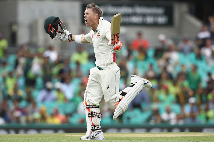 SYDNEY, AUSTRALIA - JANUARY 03: David Warner of Australia celebrates his century during day one of the Third Test match between Australia and Pakistan at Sydney Cricket Ground on January 3, 2017 in Sydney, Australia. (Photo by Mark Kolbe/Getty Images)