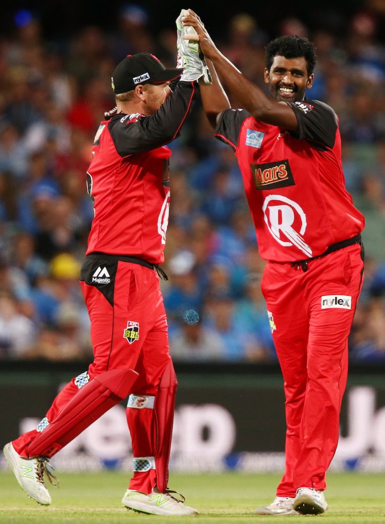 ADELAIDE, AUSTRALIA - JANUARY 16: Aaron Finch and Thisara Perera of the Melbourne Renegades celebrates the wicket of Jono Dean of the Adelaide Strikers during the Big Bash League match between the Adelaide Strikers and the Melbourne Renegades at Adelaide Oval on January 16, 2017 in Adelaide, Australia.  (Photo by Morne DeKlerk - CA/Cricket Australia/Getty Images)